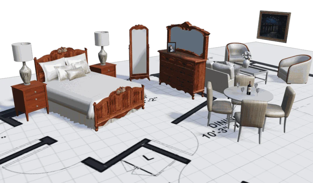 Furniture arranged over a senior-living suite floorplan