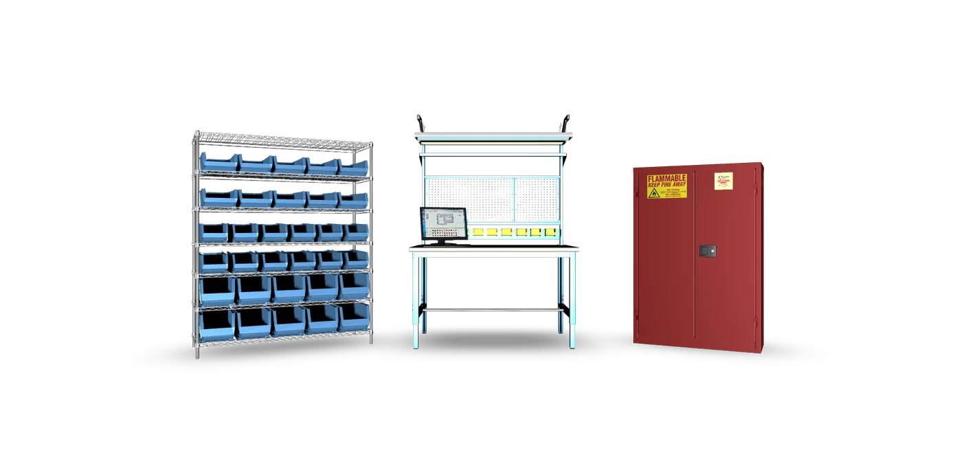 A workbench with storage bins and a safety cabinet