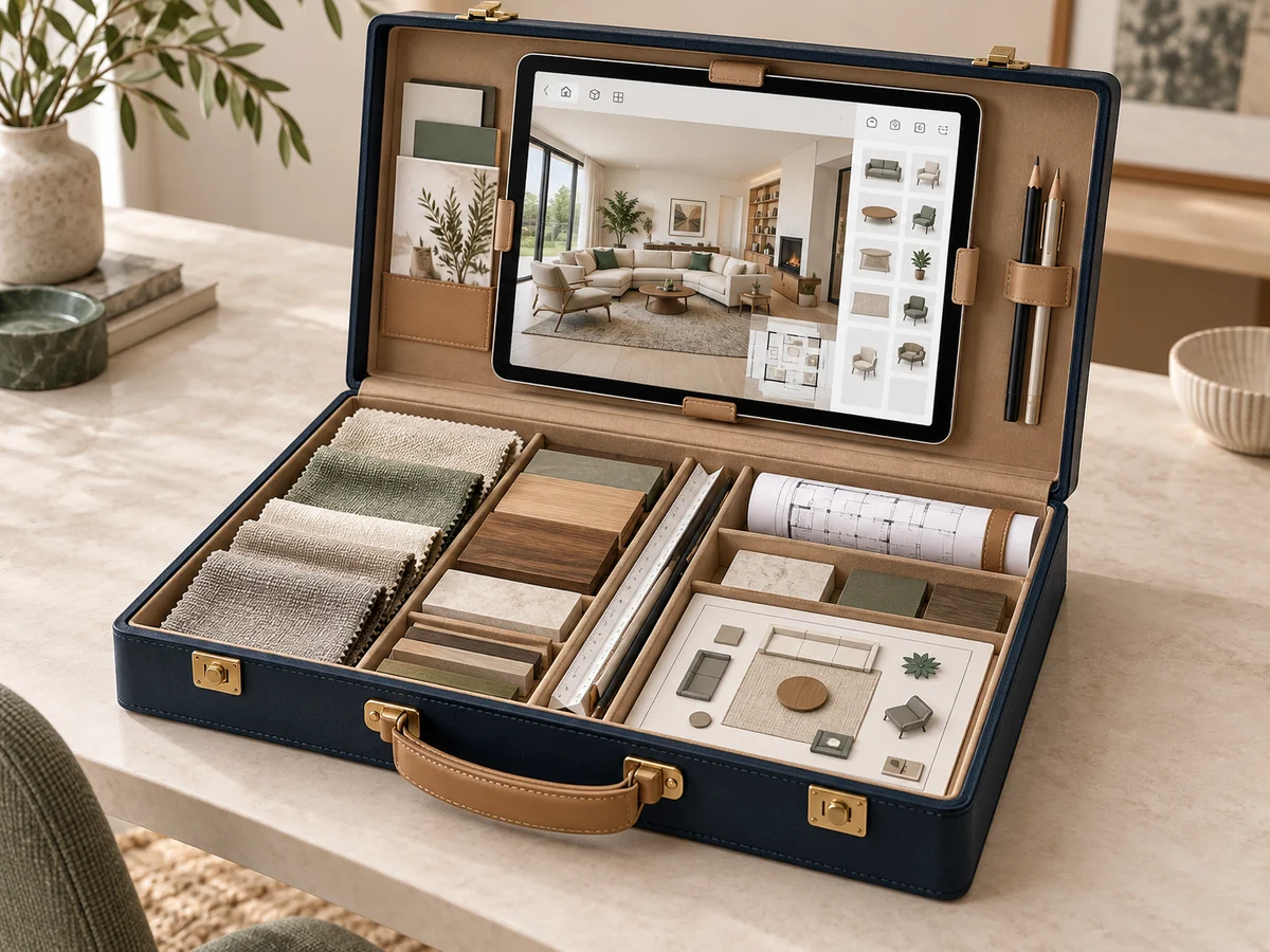 An open designer’s suitcase with a 3D planning tablet, fabric and finish samples, and a hands-on room planner