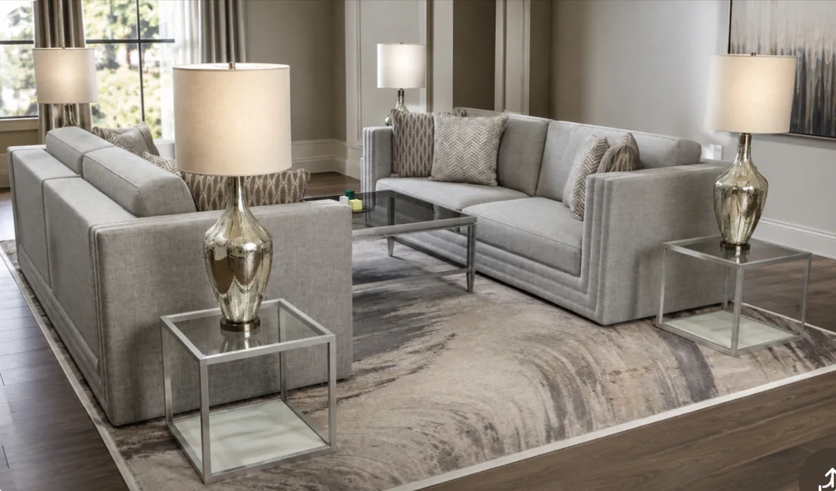 A modern living room with coordinating sofas