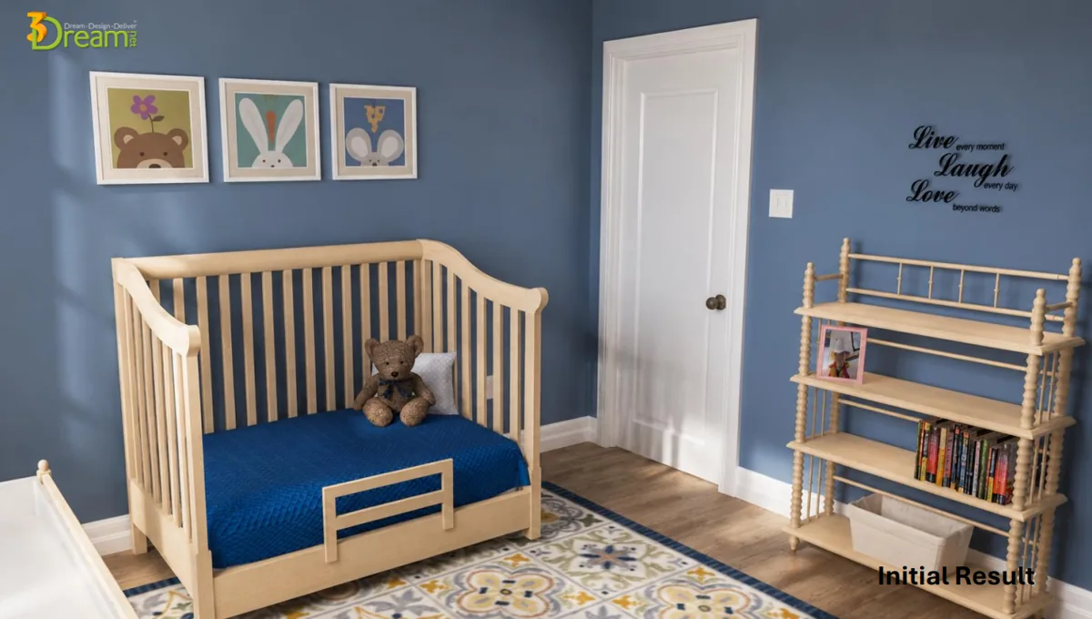 A nursery with a wooden crib and shelving