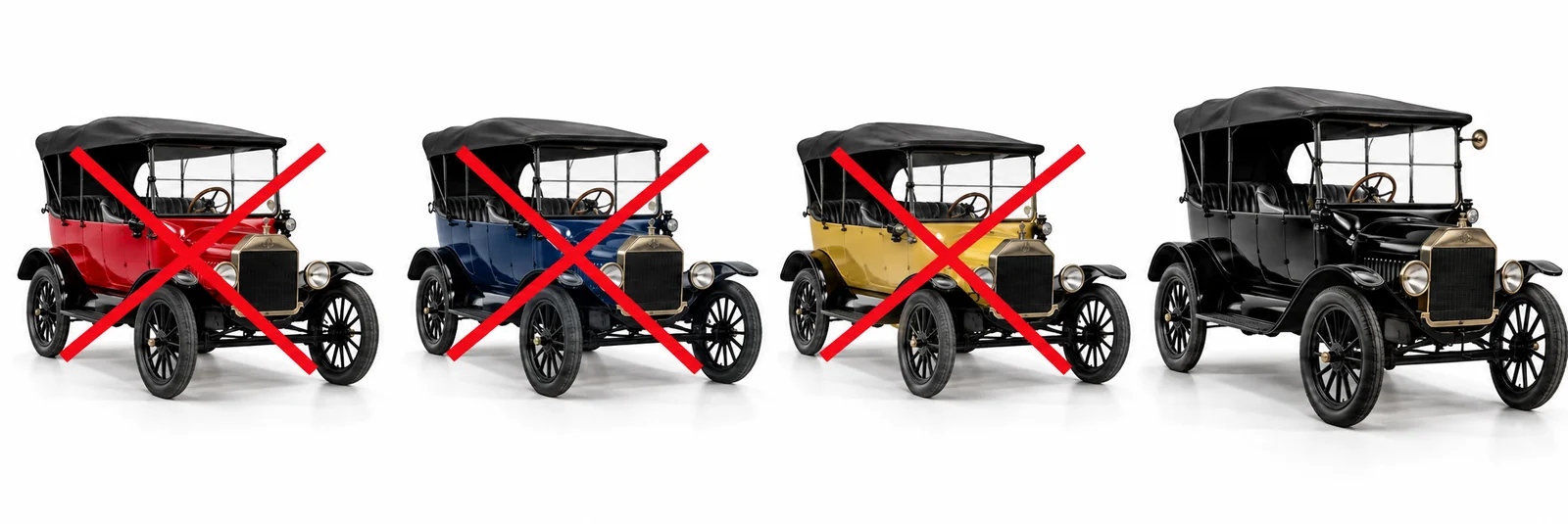Red, blue and yellow Model T cars crossed out, with the black Model T on the right