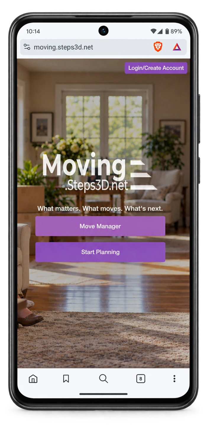Moving.Steps3D on an Android phone, showing Move Manager and Start Planning options