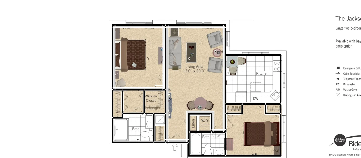 Scaled 2D suite plan with furniture placement