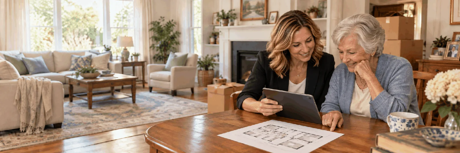 A move consultant and senior using a tablet and floor plan