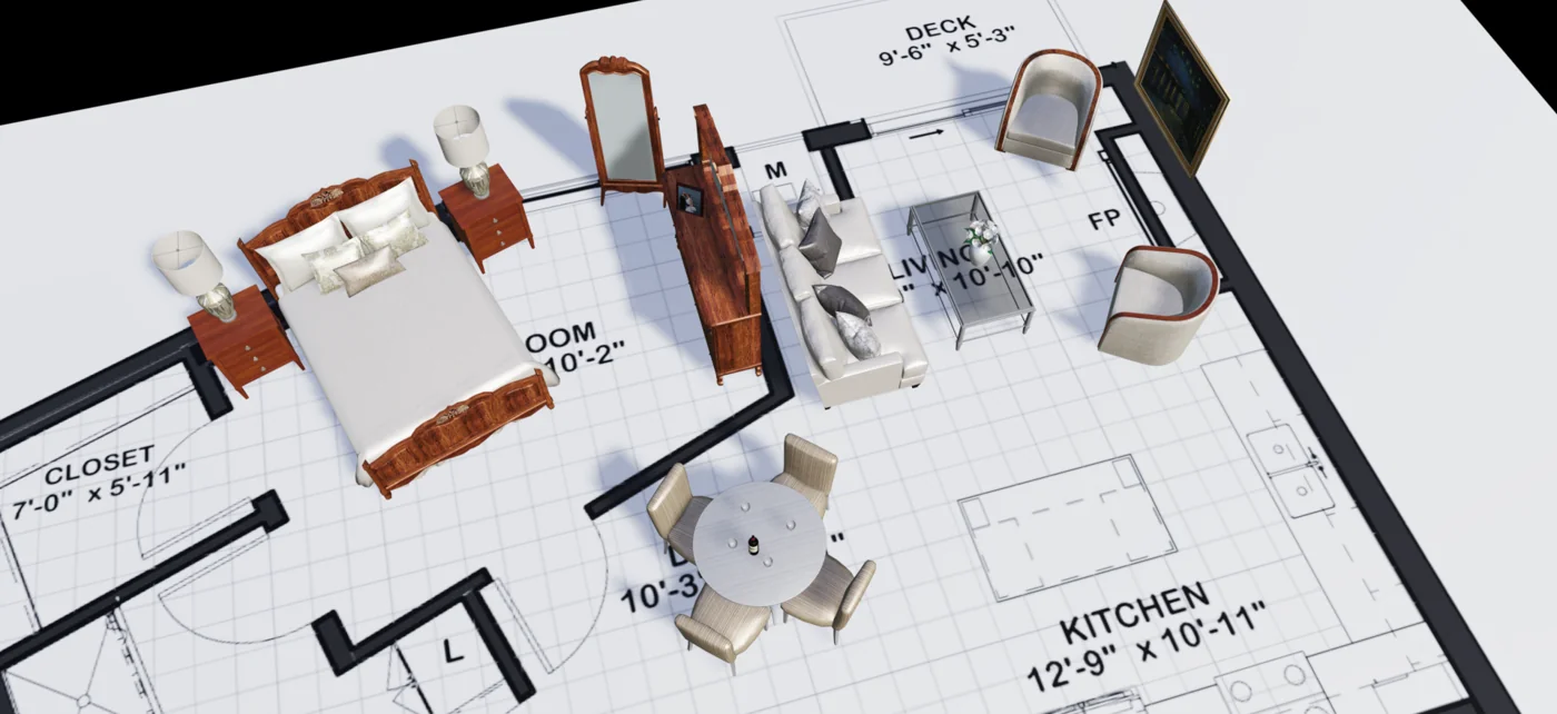A furnished suite floorplan with bedroom, living and dining areas