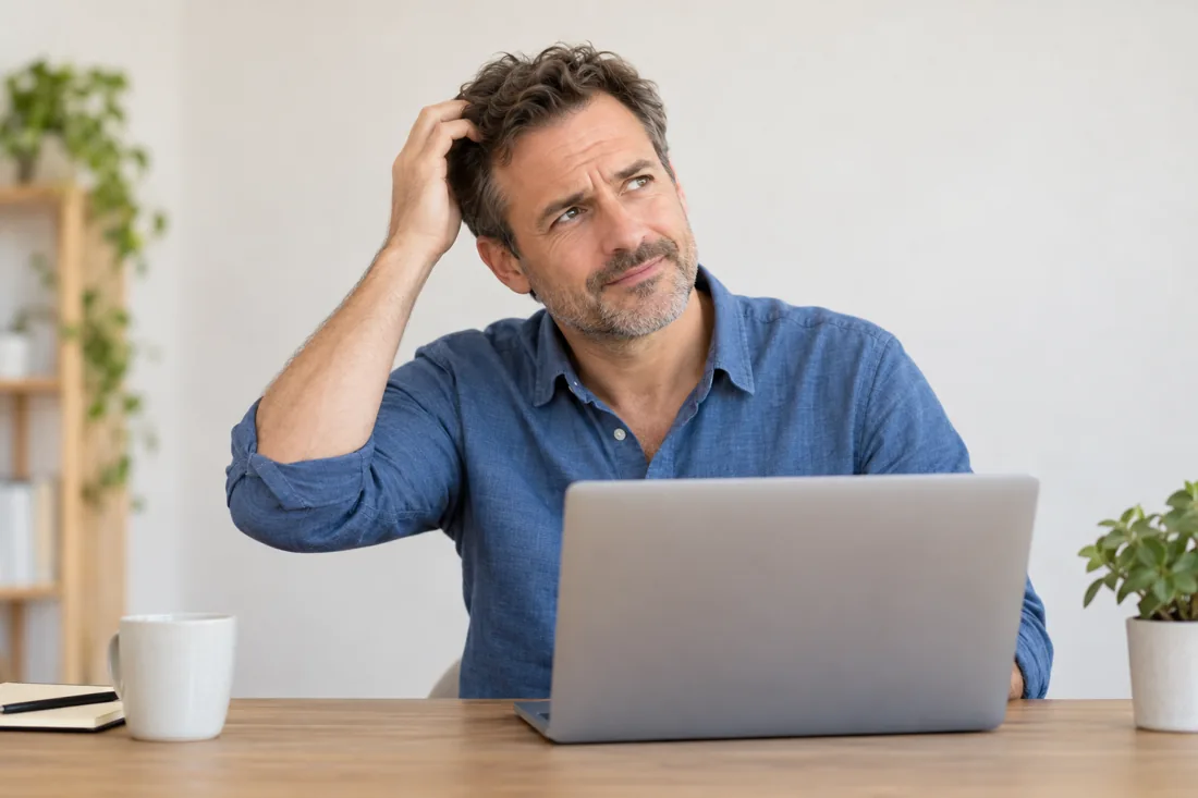 A person scratching their head while looking at a laptop